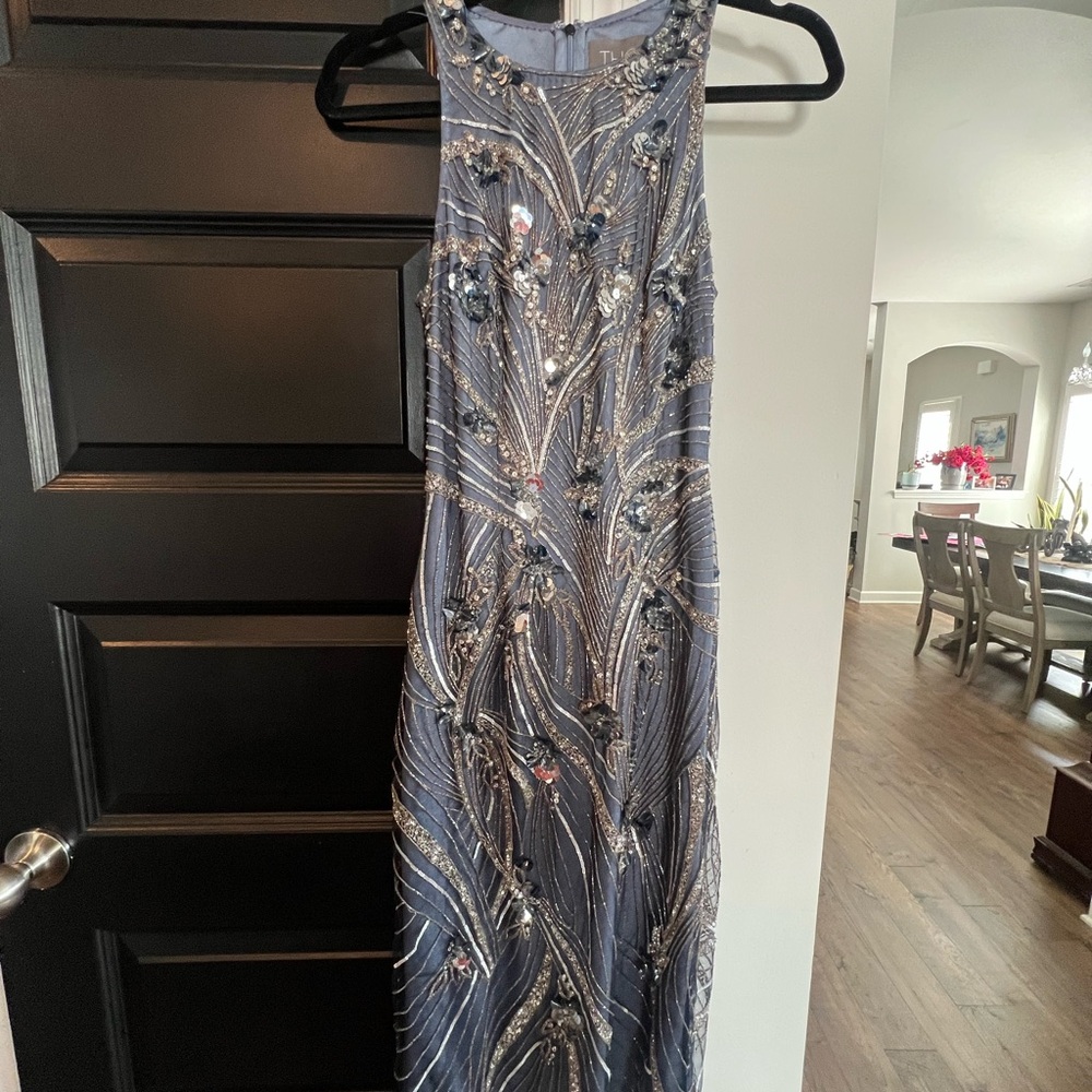 Theia Blue Silver Sequin Halter Gown